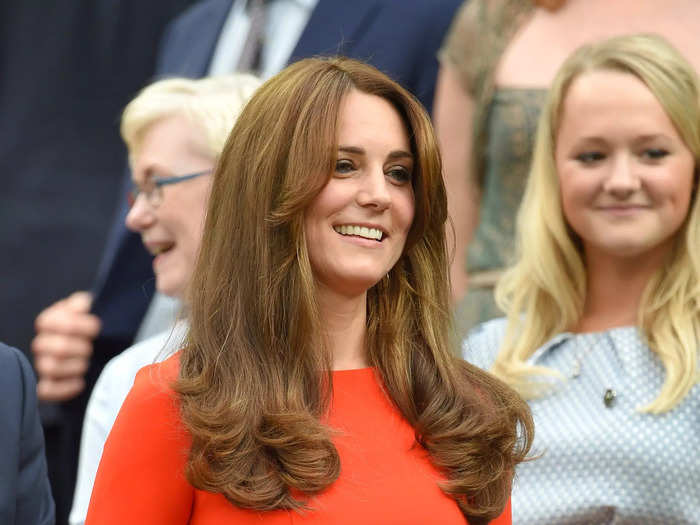 2015: The duchess wore a £250, or around $300, dress by L.K Bennett. She kept her makeup natural and appeared to have highlights in her hair.