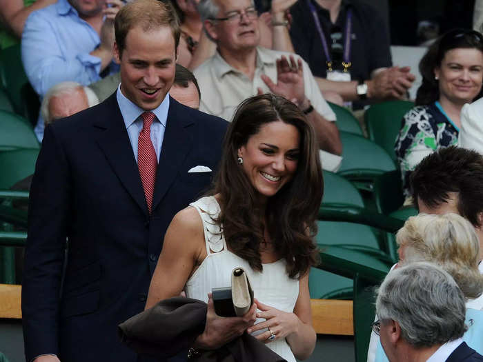 2011: The newly-titled Duchess of Cambridge wore a sleeveless Temperley London dress which had a ruffled skirt for day seven of the Wimbledon Championships with Prince William.