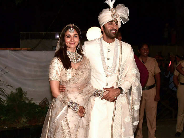 Bollywood actress Alia Bhatt wore a hand-dyed ivory Sabyasachi sari for her wedding ceremony in April. Bhatt