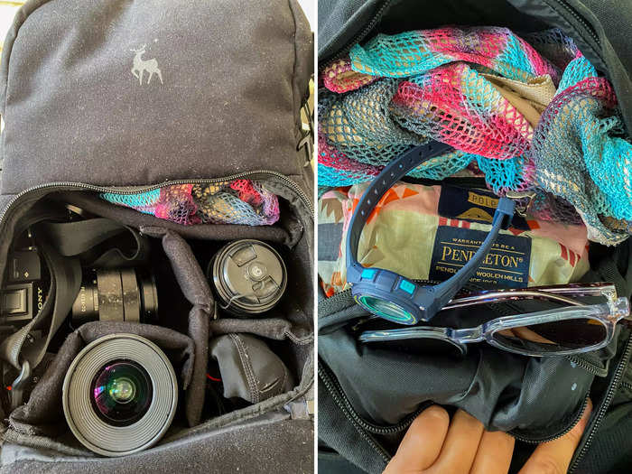 In the main pocket, I kept essentials like camera gear, sunglasses, and a bathing suit so I could swim on the first day of my cruise before my suitcase arrived at my stateroom.