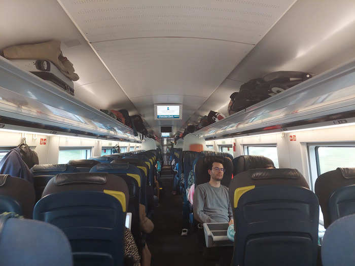 On the Eurostar, there were pairs of seats on each side of the aisle, also with small fold-down tables. A few seats in each carriage were arranged in fours around a (very thin) table.