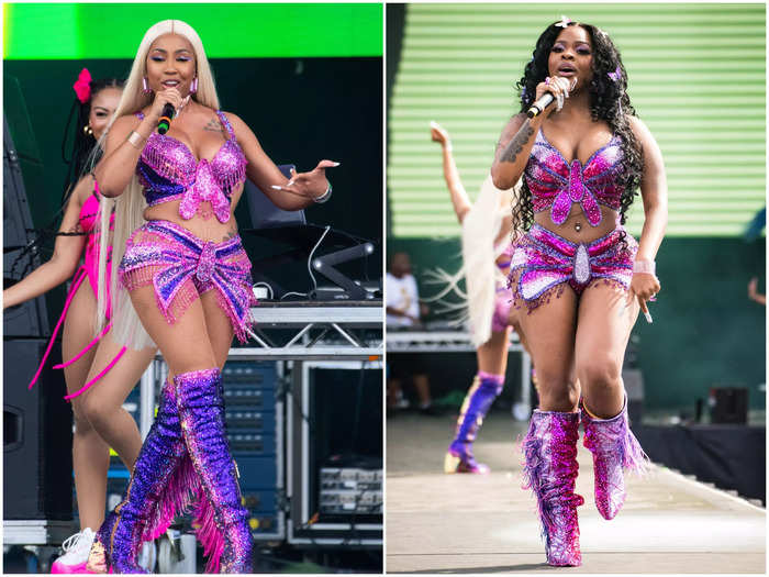 The City Girls wore another set of matching looks — colorful two-piece sets with rhinestone boots.