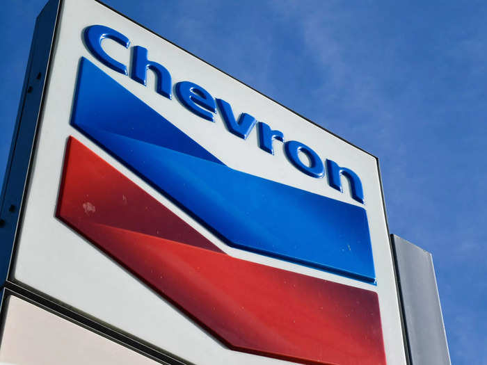 The Chevron logo is displayed at a Chevron gas station.