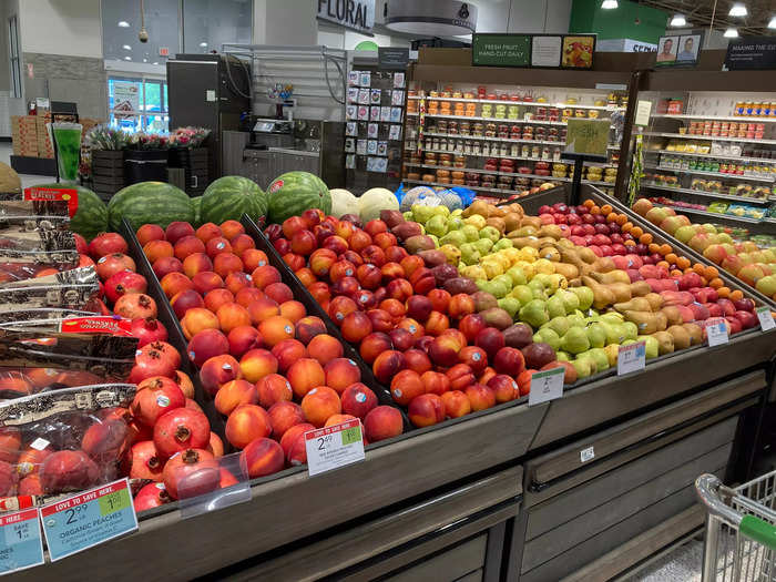 The produce section included pre-cut fruits and vegetables in addition to raw ones, all looking fresh and juicy.