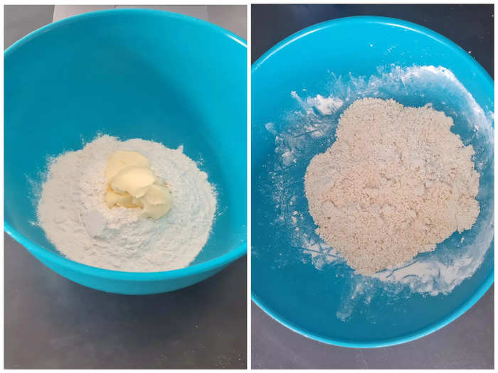 After preheating the oven, the first step is to rub the flour and butter together.