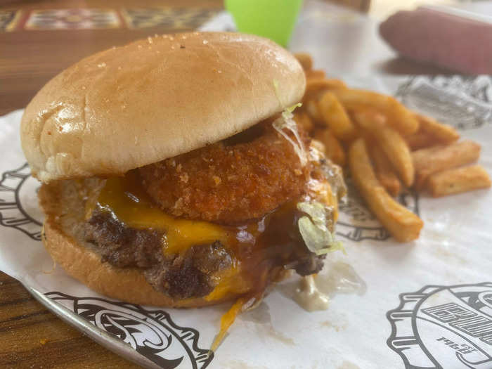 The Ringer was topped with barbecue sauce and an onion ring.