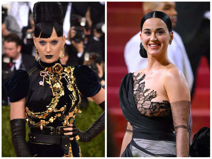 Katy Perry paired blunt bangs with bleached eyebrows at the 2016 Met Gala, "Manus x Machina: Fashion in an Age of Technology."