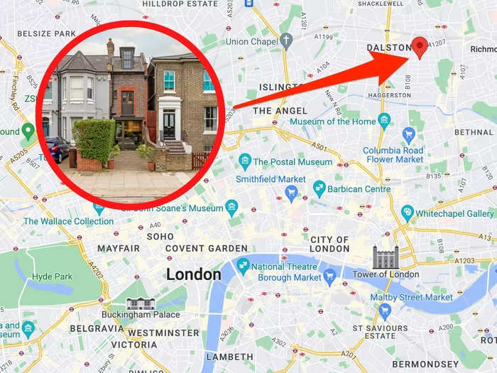 According to the listing, the narrow home is in the neighborhood of Hackney in East London, and the closest train station is less than a mile away.