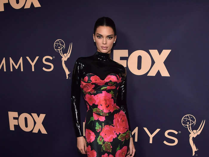 Kendall Jenner clashed black latex sleeves with a floral evening gown at the 2019 Emmy Awards, and the look was a little too busy.