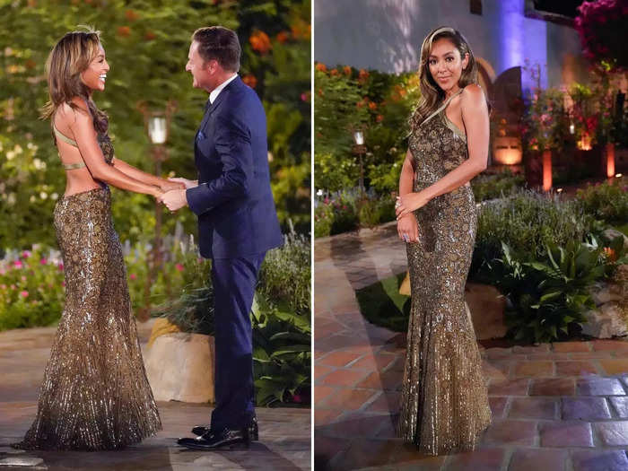 Tayshia Adams may have worn a Randi Rahm design on night one of her surprise stint as the bachelorette, but it was unlike anything viewers had seen before.