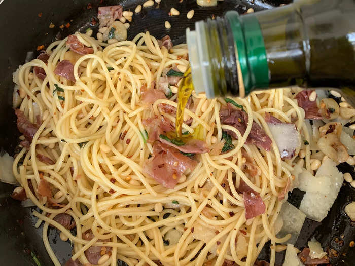 I added another pour of oil, like Bella did, and gave the pasta dish a stir. It reminded me of a classic Italian dish that relies on pantry staples like olive oil.