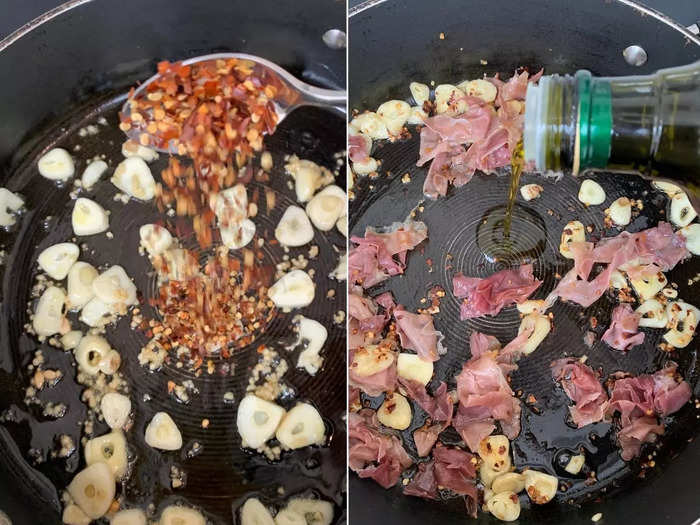 After adding the minced garlic, I went in with a heaped teaspoon of chili flakes before popping in the prosciutto with another drizzle of oil.