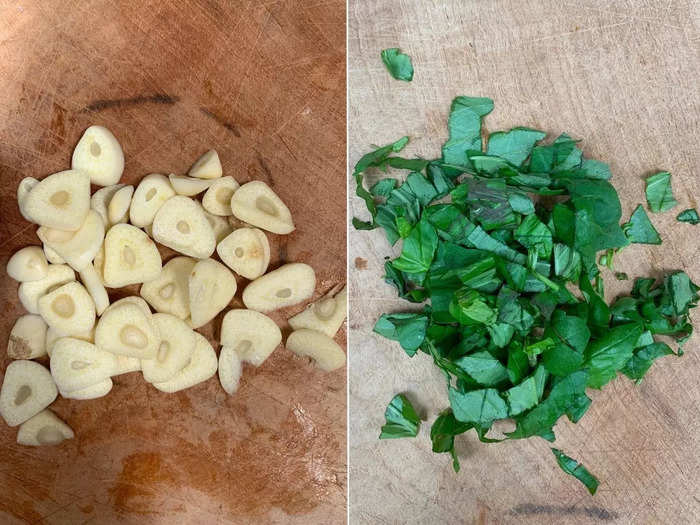 Next, I sliced the garlic cloves into thick slices and chopped up a handful of basil leaves. At this point, I realized this is not a recipe to make for a first date.