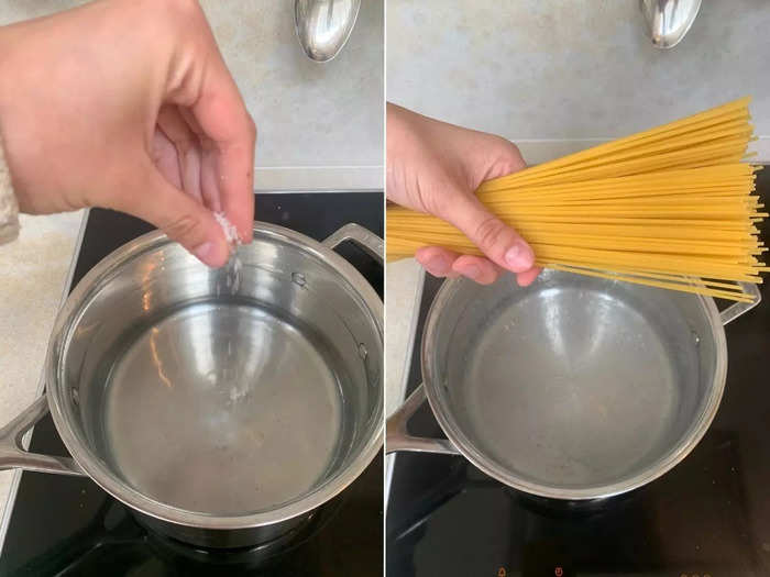 Unsure of the exact quantities to use, I put a handful of pasta into salted boiling water.