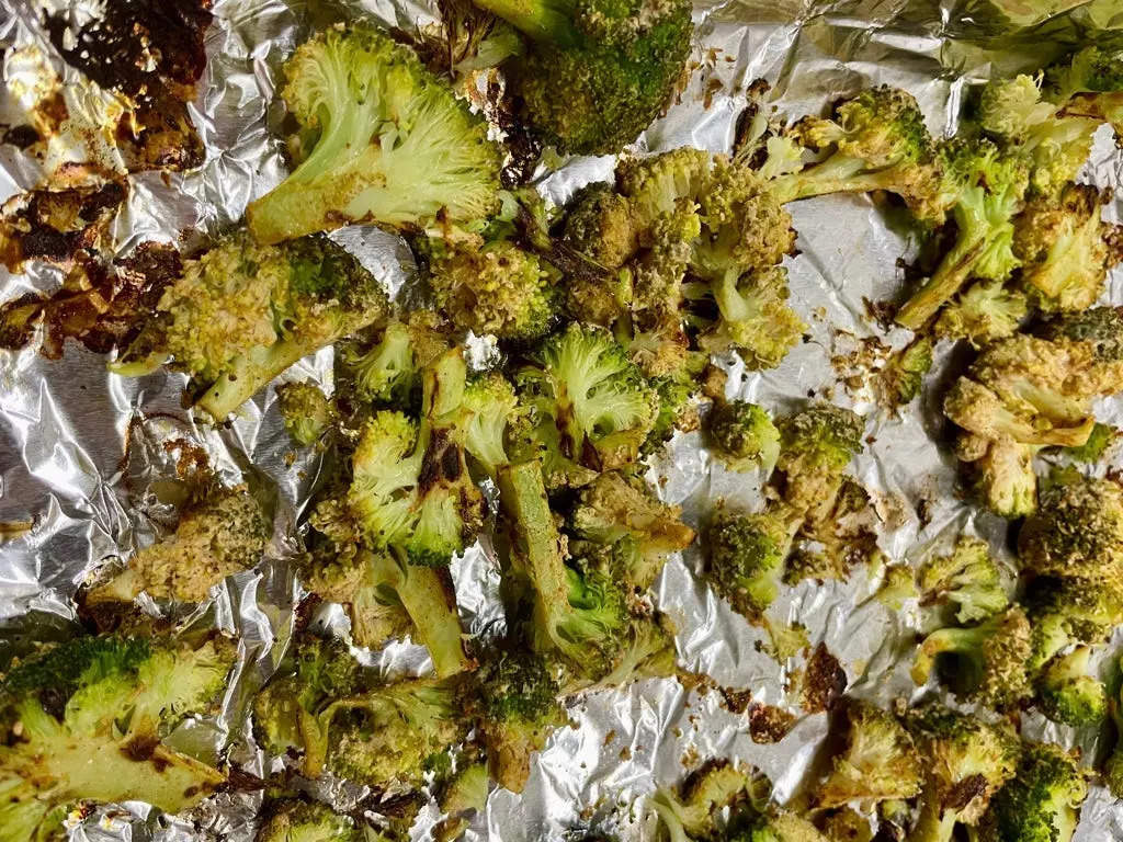 Tandoori broccoli as it comes out of the oven