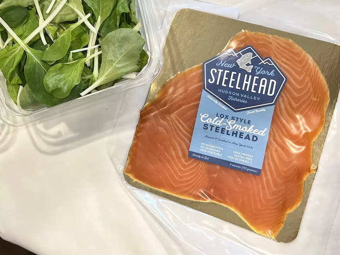 The wellness meals on the A350s and the regular menu on the A380 also use "tank-to-plane" Steelhead fish sourced from Hudson Valley Fisheries in New York.