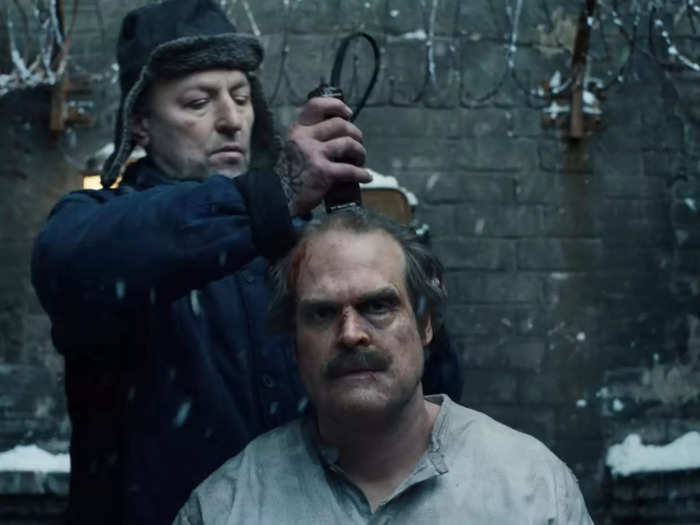 David Harbour had his head shaved in real time while filming the prison scenes.