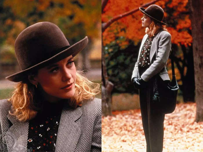 In one of the most iconic outfits from the movie, Sally wears a brown velvet bowler hat, a floral printed shirt, pants, and a grey tweed blazer.