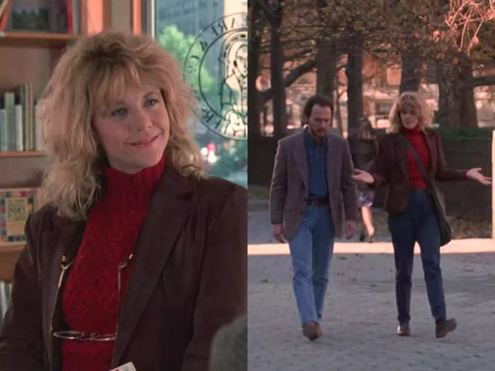 When Harry and Sally reconnect at a book store, she wears a more casual look.