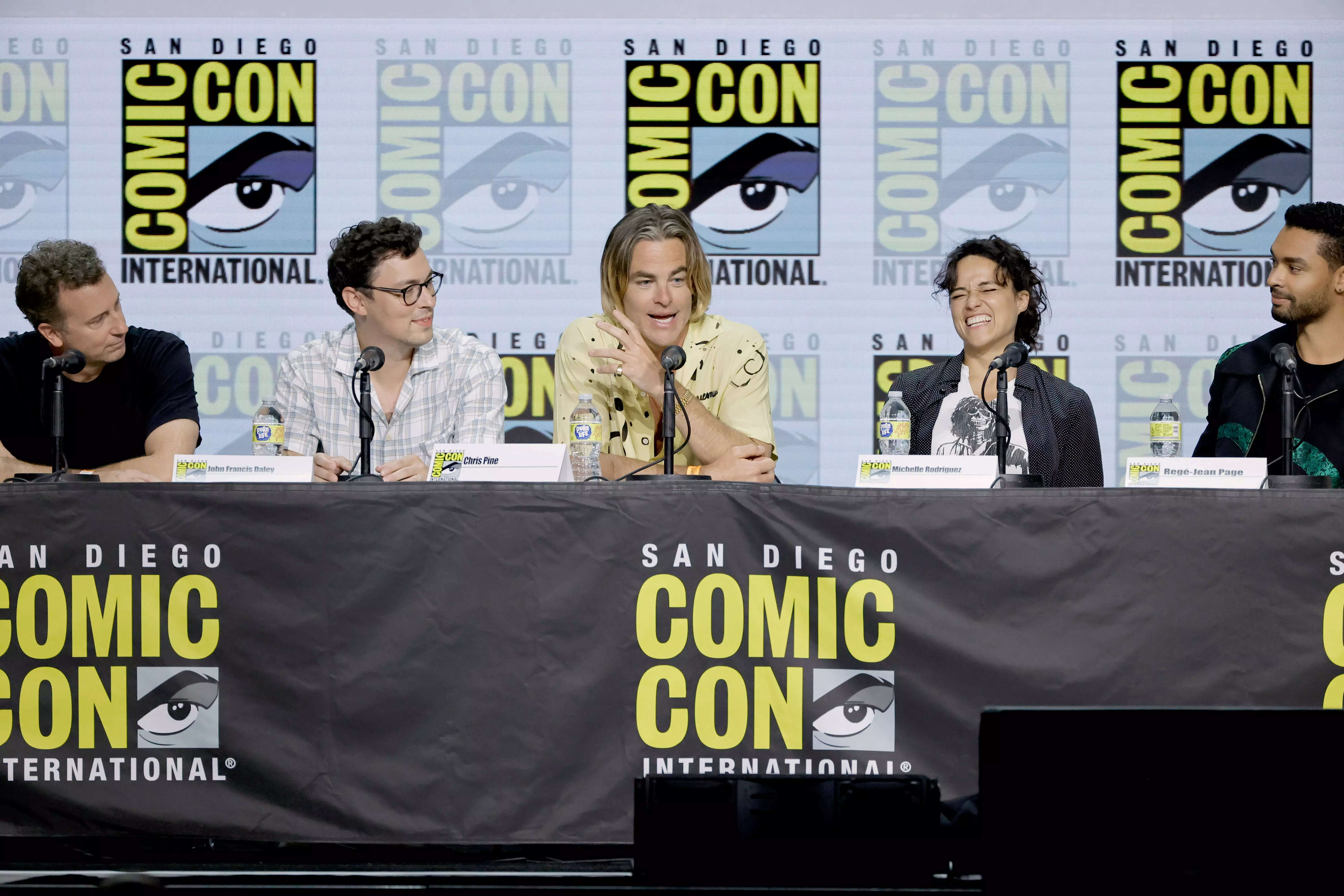 Jonathan Goldstein, John Francis Daley, Chris Pine, Michelle Rodriguez, and Regé-Jean Page speak onstage at the "Dungeons & Dragons: Honor Among Thieves" panel during 2022 Comic-Con International: San Diego at San Diego Convention Center on July 21, 2022 in San Diego, California.