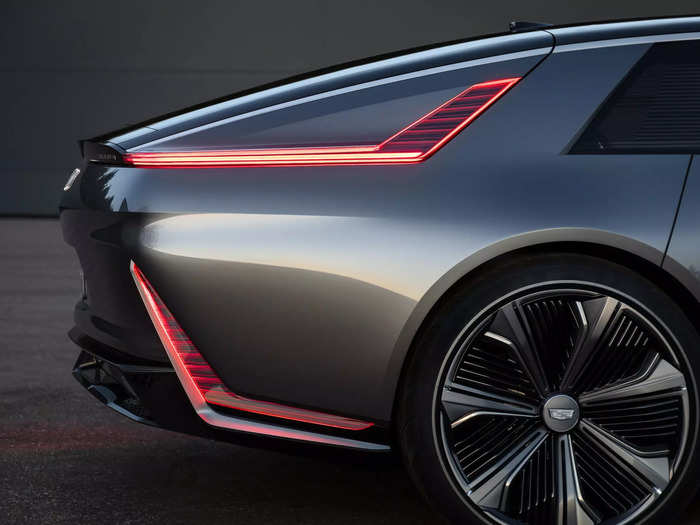 Its striped front end and boomerang-shaped brake lights echo the Lyriq, Cadillac