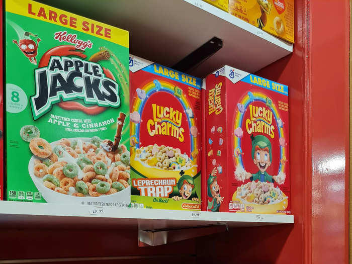 I was surprised by the large size and price of some items. For example, a large box of Lucky Charms cereal cost £9.99, or around $11.98, and a large box of Chocolate Lucky Charms cost £7.99, or around $9.59.