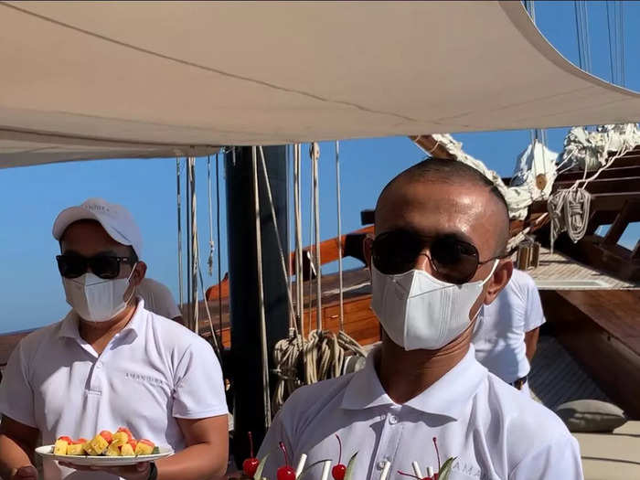 Cold juice, fresh fruit, and a staff of 14 people awaited us onboard Amandira.