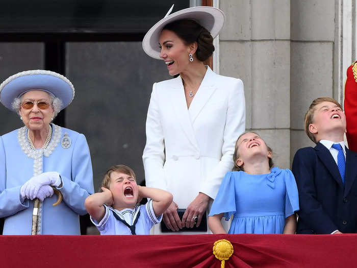 All three Cambridge children pulled synchronized funny faces while on the balcony for the Queen