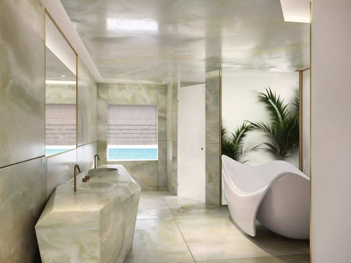 This concept bathroom features a bathtub and a shower.