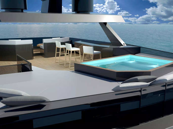 The main deck has a soft seating area for coffees or meetings, and the sea-level deck features a TV lounge.