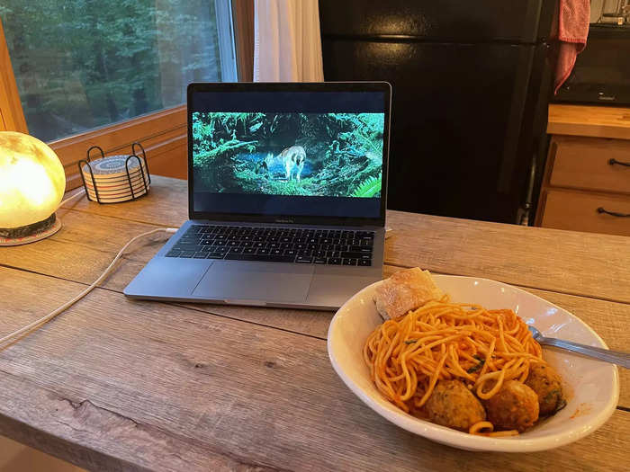 When I arrived back at the tiny house, food in hand, I set up a movie on my laptop and ate at the table.