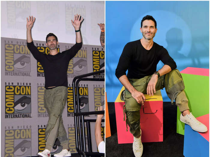 Tyler Hoechlin wore eye-catching cargo pants to spice up his casual outfit.