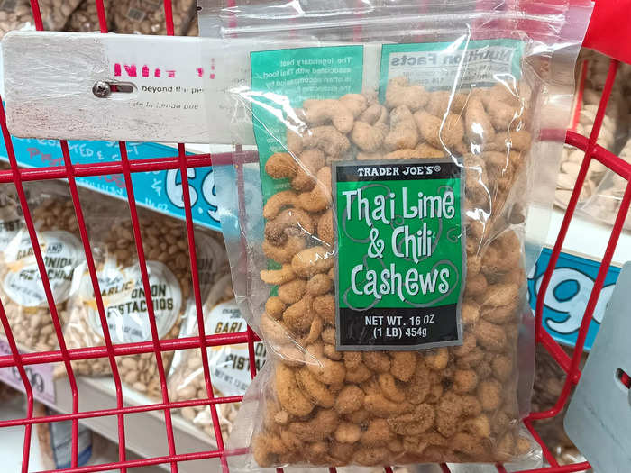 I love these cashews coated in chili powder, Thai lime leaf, lemongrass, and salt.