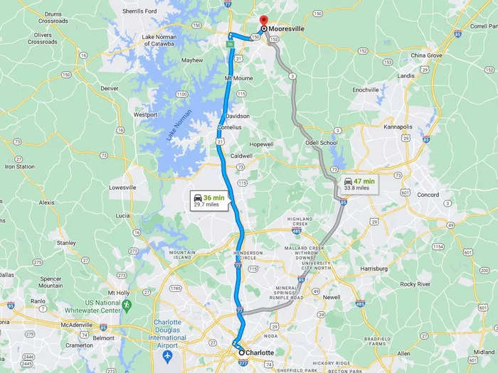 Mooresville is about a 35-minute drive north of Charlotte, or maybe closer to 20 minutes for a NASCAR driver.