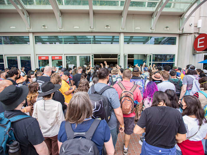 Foot traffic got congested by the entrances to the San Diego Convention Center.