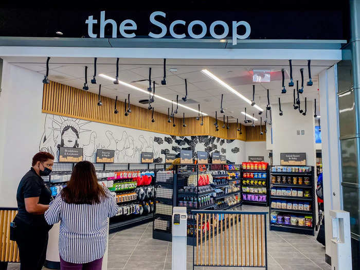 Several restaurants and shops are located throughout the concourse, like Bar Veloce, Sweetleaf Coffee, Gotham News, and The Scoop, which will use Amazon