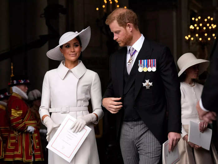 The duchess appeared to revert back to royal style for a visit to the UK, as she wore a cream coatdress and matching fascinator for a Service of Thanksgiving at St. Paul