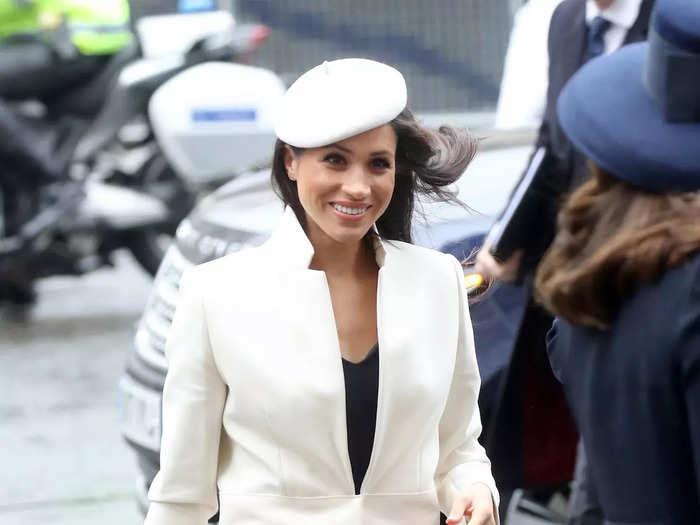 As her wedding got closer, Markle more firmly established her chic, royal style. At the Commonwealth Day ceremony in March 2018, she wore a knee-length Amanda Wakeley dress with a structured white coat and a matching white beret from Stephen Jones.