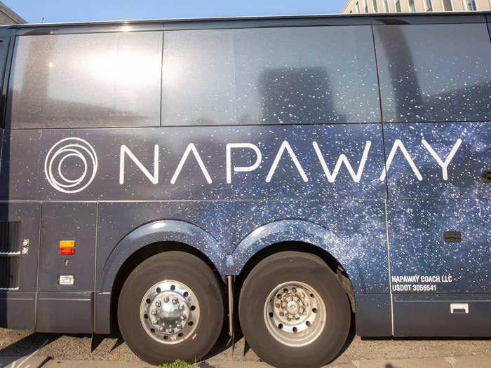 On the exterior, the motorcoach has a galaxy wrap to remind travelers of its peaceful nighttime route.