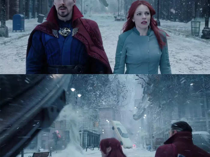 As Christine and Stephen Strange walk through a parallel universe, they see cars floating in the air.