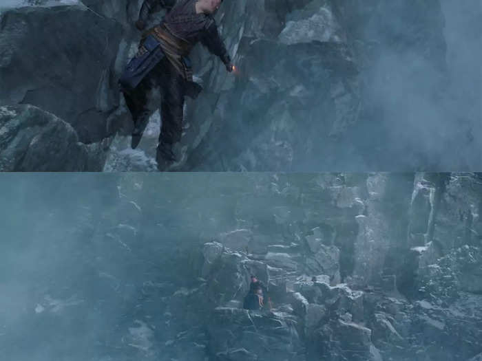 Wong really did lay on an icy-looking surface after Wanda threw him off a cliff.