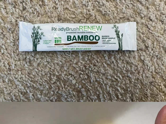 I was impressed by this reusable prepasted toothbrush that made it simple to keep my mouth feeling clean in between two meals on a plane.