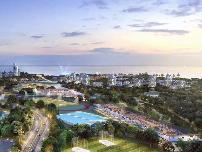 The "athletic precinct" will be home to 20 tennis courts, six training halls for sports like gymnastics and fencing, nine basketball courts, and three Olympic-sized swimming pools.