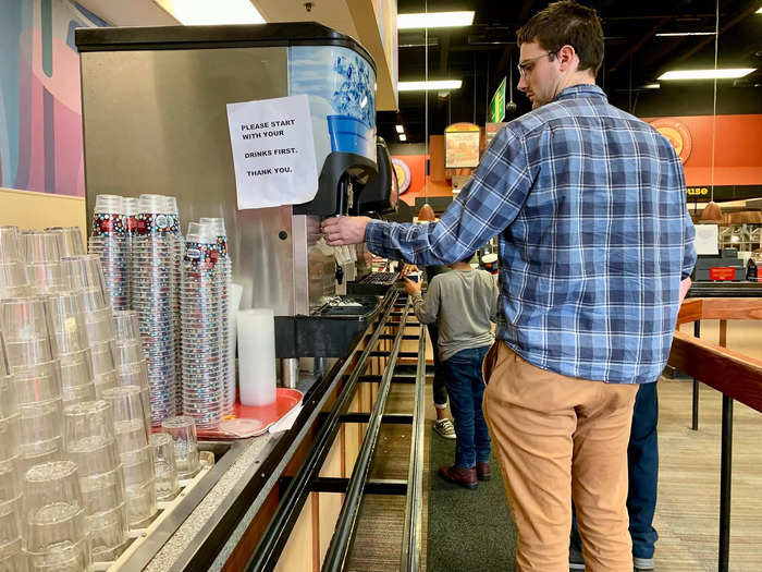 There are regular and to-go cups available and a standard self-serve Pepsi soda fountain.