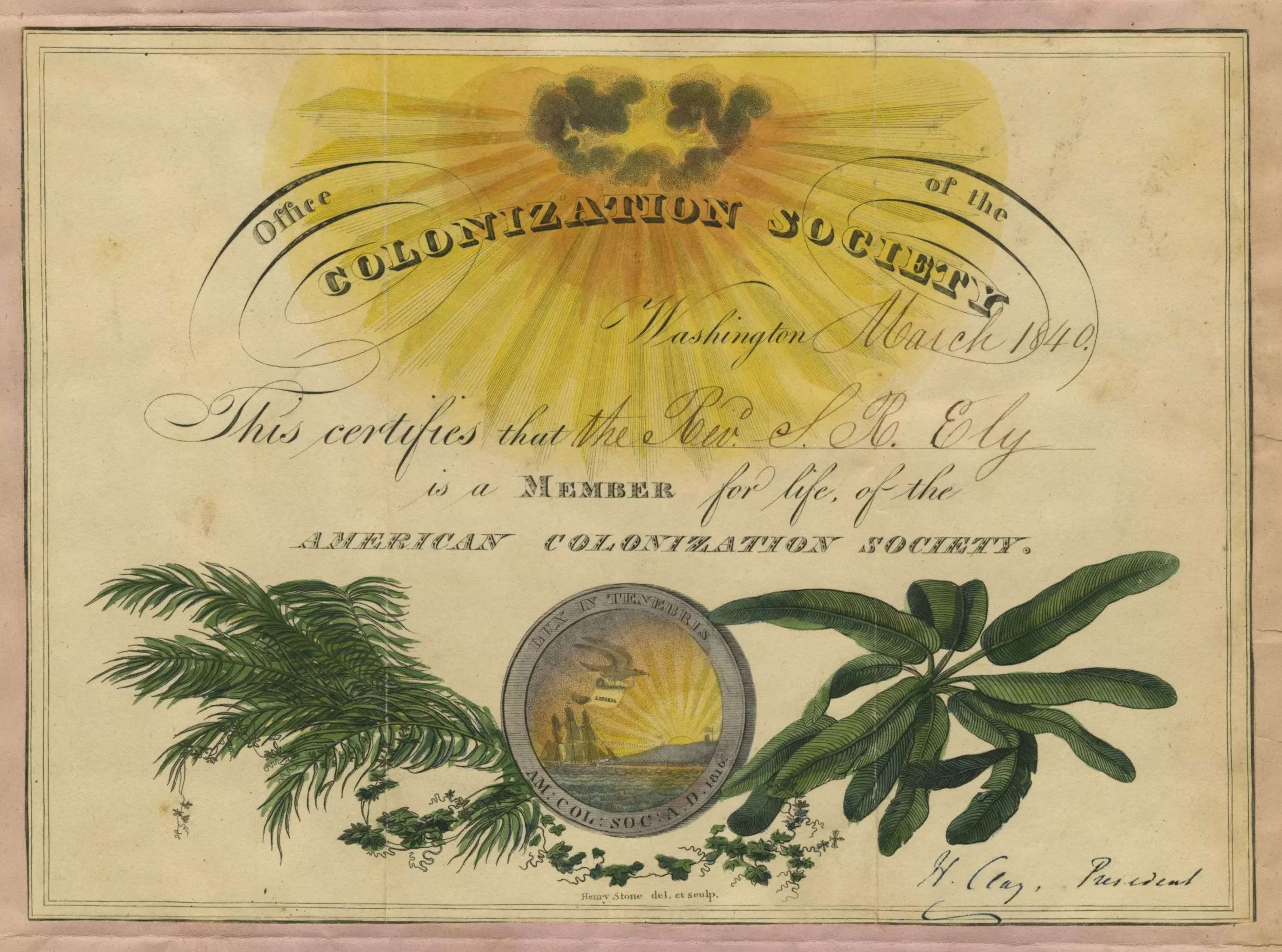 Membership certificate of Rev. Samuel Rose Ely, dated March 1840. Henry Clay