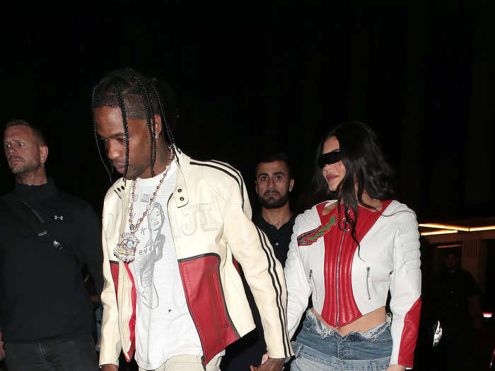 After the concert, Jenner and Scott headed back to central London wearing coordinating red-and-white biker jackets.