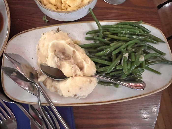 The sides included mashed potatoes, mac and cheese, and green beans.