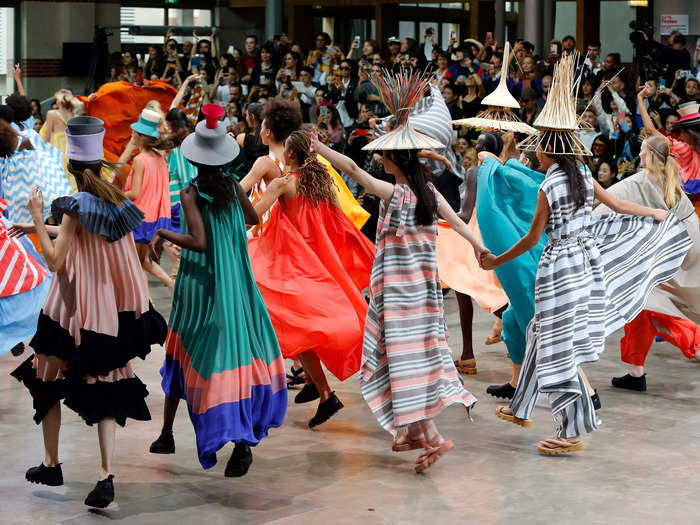 Miyake often used dancers to model his pleated clothing.