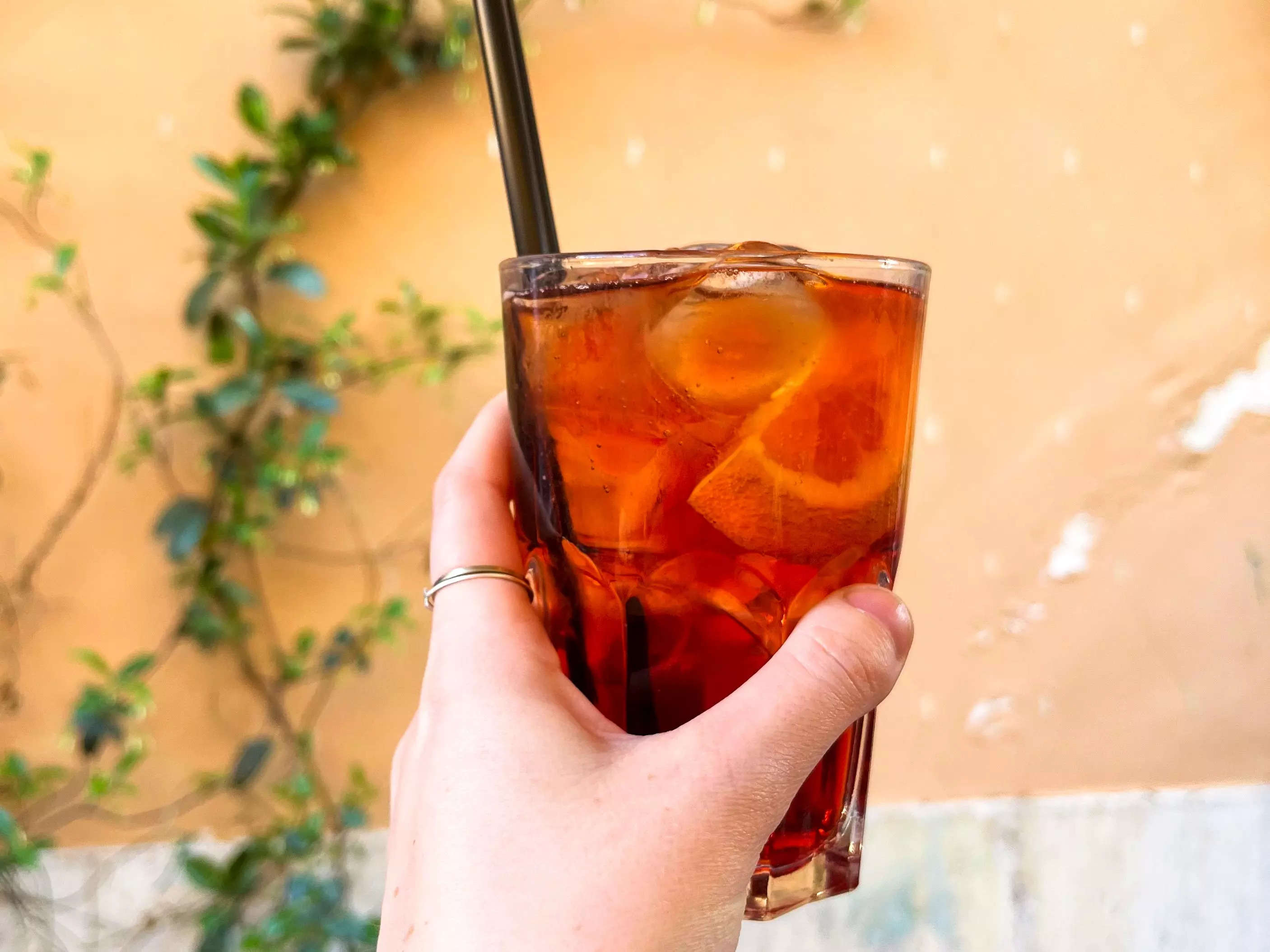 The author holds a Negroni Sbagliato cocktail in front of a wall with vines.