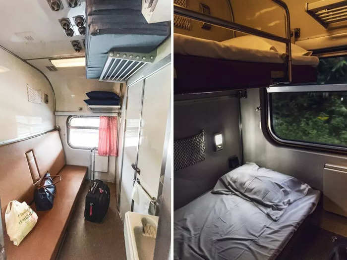 The seat could be converted into a double bunk bed. A staff member set up the beds at around 6 p.m., which meant there was even less space in the cabin. I ended up stowing my bags on the upper bunk.